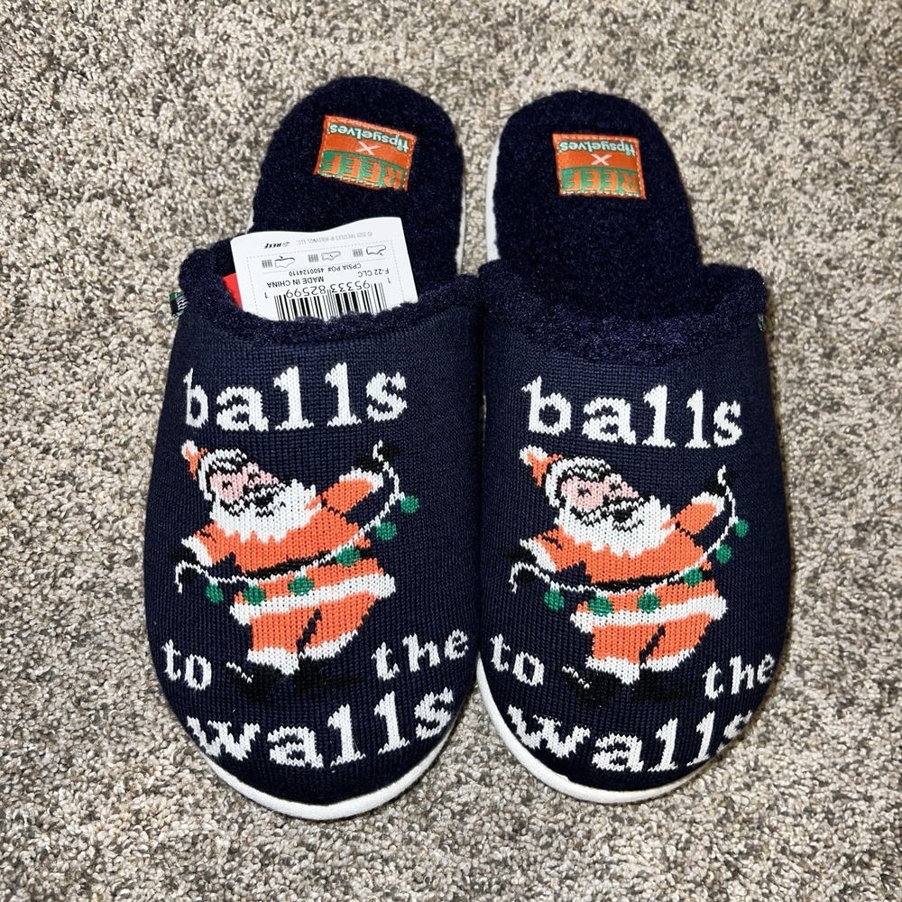 REEF X TIPSY ELVES MEN'S SLIPPERS THEME "BALLS TO THE WALLS" COLOR NAVY SIZE S‎